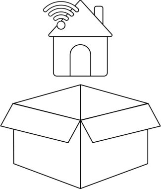 Basit bir çizgi, üzerinde akıllı bir ev simgesi olan açık bir kutu tasvir eder, teknoloji teslimatını ve ev otomasyonunu sembolize eder..