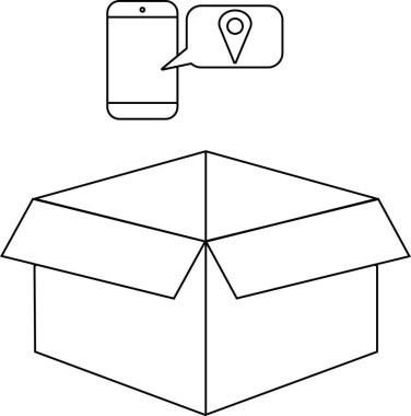 Üzerinde akıllı telefon olan bir kutuyu tasvir eden basit bir çizgi çizimi, bir konum şifresi, paket izleme ve teslimat hizmetlerini temsil eden.
