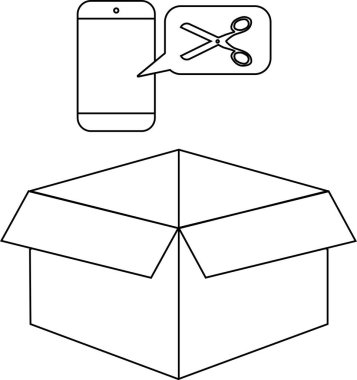 Üzerinde bir telefon olan açık bir kutunun basit bir siyah beyaz çizimi, bir konuşma balonunda makas simgesini gösteriyor.