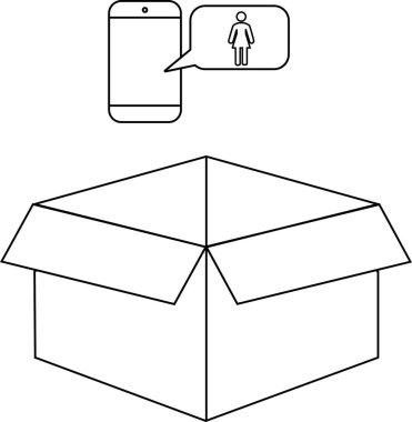 Basit bir çizimde konuşma baloncuğu olan bir telefon açık bir kutunun içindeki bir kadının bir mesaj veya fikir ilettiğini gösteriyor..