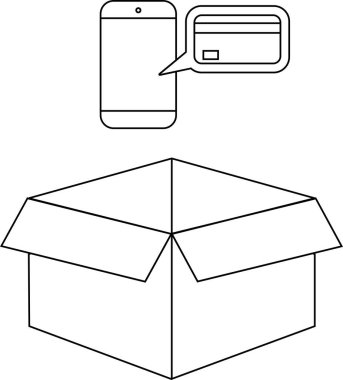 Açık bir teslimat kutusunun üzerinde kredi kartı baloncuğu olan bir cep telefonu çizgisi çizimi, çevrimiçi alışveriş ve ödeme.