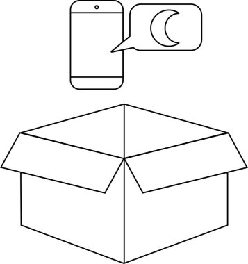 Açık bir karton kutunun üzerinde, gece modunda bir telefon tasviri, basit siyah-beyaz çizgi sanatı.