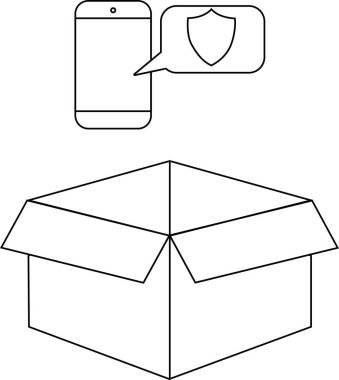 Açık bir karton kutunun üzerinde güvenlik kalkanı olan akıllı bir telefon tasviri, mobil cihazların güvenli teslimatını veya korunmasını temsil ediyor.