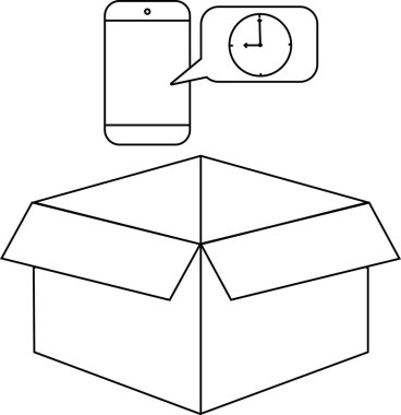 Açık bir kutunun üzerinde saat tebligatı olan bir telefon çizgisi çizimi, zamana duyarlı iletim ya da sipariş işleme önerisi.