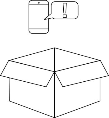 Açık bir karton kutunun üzerinde uyarısı olan akıllı telefon tasviri, teslimat veya ambalajla ilgili potansiyel sorunları veya bildirimleri simgeliyor.