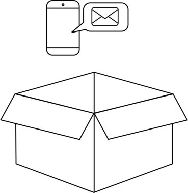 Açık bir karton kutunun üzerinde bildirim baloncuğu olan akıllı bir telefonun basit bir çizimi teslimat ya da iletişim önerisi.