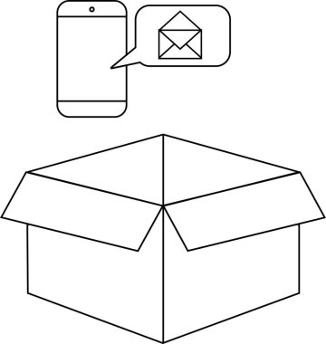Akıllı telefon açık bir karton kutunun üzerinde iletişim ve teslimatı sembolize eden bir uyarı gösterir. Resim basit bir çizgi çizimi..