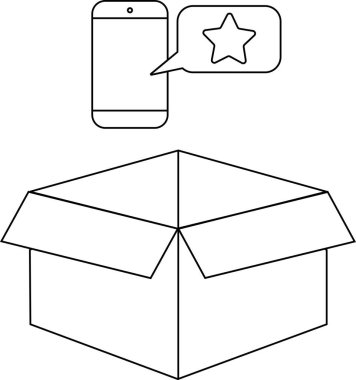 Yıldız değerlendirmeli ve açık kutulu akıllı telefonun siyah beyaz çizimi ürün değerlendirmesini ve boks deneyimini sembolize ediyor..