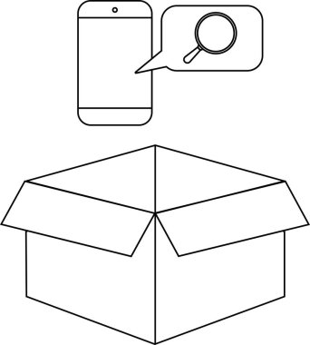 Basit bir satırda resmedilmiş, açık bir karton kutunun üzerinde arama simgesi olan bir akıllı telefon tasviri.