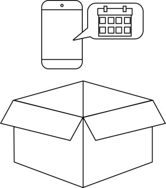 Açık bir karton kutunun üzerinde bir takvim simgesi gösteren bir akıllı telefonun siyah beyaz çizimi, programlama veya teslim önerisi.