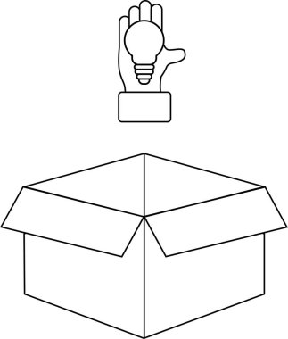Açık bir kutunun üzerinde ampulü tutan bir elin tasviri fikir üretimini ve kutunun dışını düşünmeyi sembolize ediyor..