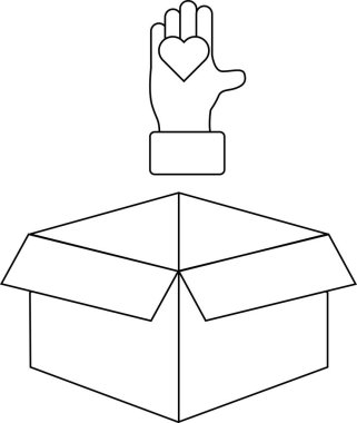 Bağış kutusunun basit bir çizimi, üstü açık ve üstünde bir el, bir kalp sembolü tutuyor, hayırseverliği ve bağış yapmayı temsil ediyor..