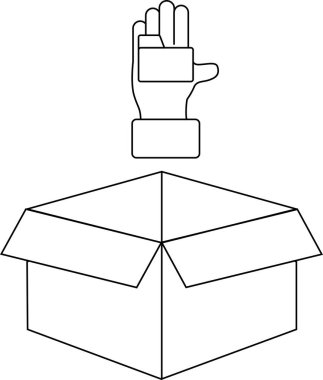Üzerinde bir el olan açık bir kutu, tasarım ve dekorasyon için basit bir taslak çizimi.