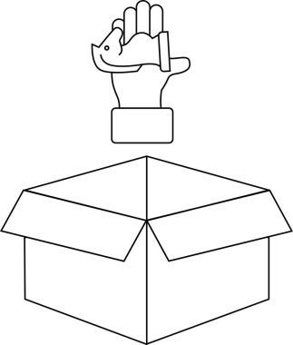Eldiven takan bir el, balığı kutuya koyar. Çizgi çizimi.
