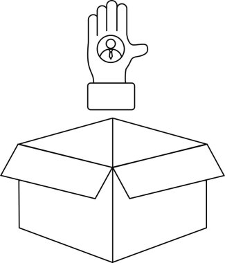 Avuç içine bir insan simgesi konmuş bir elin çizimi, açık bir karton kutunun üzerinde, destek ya da teslimat gibi kavramları sembolize ediyor..