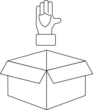 Açık bir karton kutunun üzerinde koruma ve güvenliği simgeleyen bir kalkan sembolü olan basit bir el çizgisi çizimi..