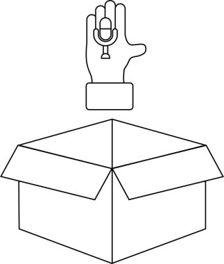 Açık bir kutunun üzerinde bir el mikrofonu tutan basit bir siyah beyaz çizgi çizimi, podcast 'i veya evden yayın yapmayı sembolize ediyor.