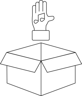 Açık bir kutudan çıkan, yaratıcılığı, müziği ve beklenmedik ilhamı sembolize eden, müzik notası olan minimalist bir çizgi çizimi..