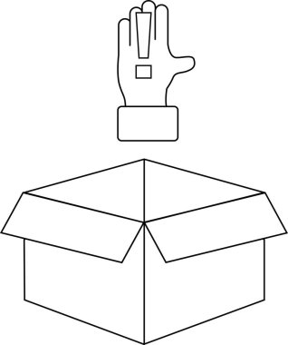 Üzerinde bir el olan açık bir karton kutu, bir ünlem işareti simgesi, dikkat ya da sürpriz öneriyor.