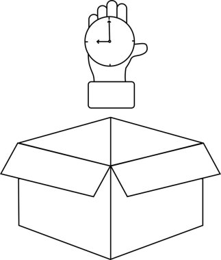 Açık bir kutunun üstündeki saati tutan bir el zamanın tükendiğini ya da yaklaşmakta olan bir süreyi simgeliyor..