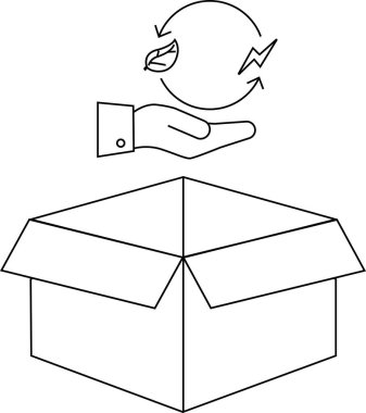 Açık bir karton kutunun üzerinde, sürdürülebilir ambalaj ve çevresel sorumluluğu temsil eden bir geri dönüşüm sembolünü tutan bir el çizgisi çizgisi çizimi çizimi.