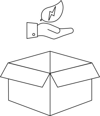 Açık bir karton kutunun üzerinde yıldırımlı bir yaprak tutan bir el tasviri, çevre dostu ambalaj ve sürdürülebilir enerjiyi temsil ediyor..