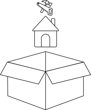 İnşaatı veya binaları temsil eden, kutunun üzerinde aletler olan basit bir çizgi çizimi.