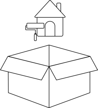 Basit bir siyah-beyaz çizgi çizimi. İçinde boya silindiri ve açık kutu olan bir ev..