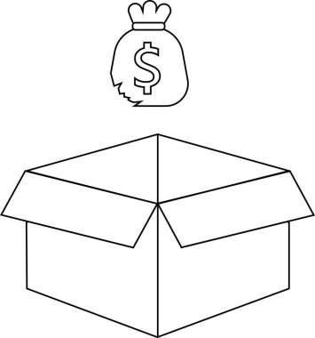Açık bir kutunun üzerinde yüzen para çantasının basit bir çizgisi çizimi, finansal fırsatları ya da yatırımı simgeliyor..