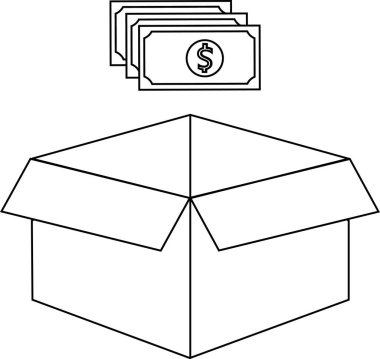 Açık bir kutunun üzerine yığılmış parayı gösteren, tasarruf veya yatırımı sembolize eden basit bir siyah beyaz çizim.