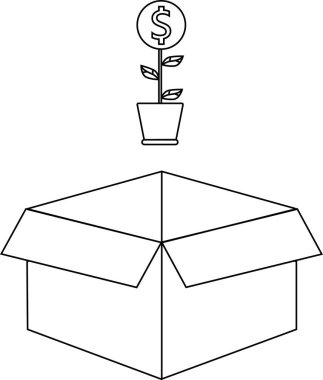 Kutudan büyüyen bir para bitkisinin siyah-beyaz çizimi, yatırımı ve büyümeyi simgeliyor..