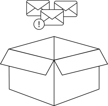 Üzerinde posta simgeleri olan açık bir kutunun tasviri, yeni iletileri, iletileri veya bildirimleri sembolize ediyor. Çeşitli iletişim kavramları için basit, temiz tasarım.
