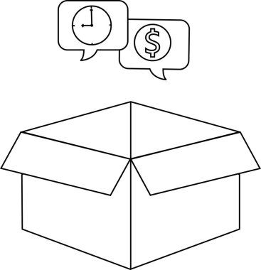 Üstünde saat ve dolar işareti bulunan konuşma baloncukları olan açık bir kutu, zaman ve parayı temsil ediyor..