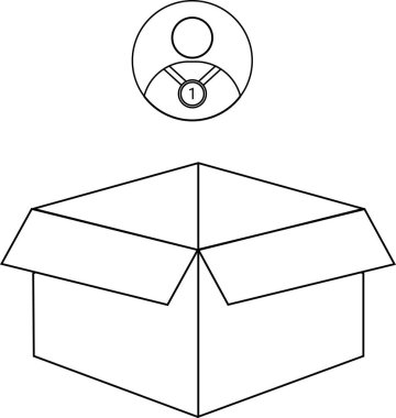 Açık bir kutunun üzerinde madalyası olan birinin basit bir siyah-beyaz çizimi, başarı veya ödül öneriyor..