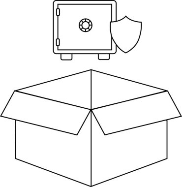 Açık bir karton kutunun üzerinde asılı duran, güvenli teslimatı ve malların korunmasını simgeleyen bir kalkan ve kasanın çizimi..