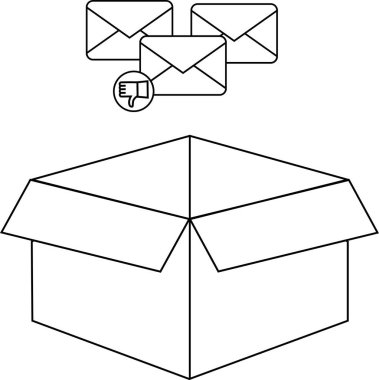 İstenmeyen postalarla dolup taşan bir kutunun tasviri, buna negatif geri bildirim ya da gereksiz posta aşırı yüklenmesini temsil eden bir başparmak-aşağı simgesi de dahil.