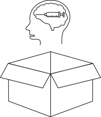 Kafanın içindeki bir beyine şırınganın enjekte edilişini gösteren kavramsal bir illüstrasyon, aşağıda bağımlılığı ve kutunun dışındaki düşünceyi temsil eden açık bir kutu var..