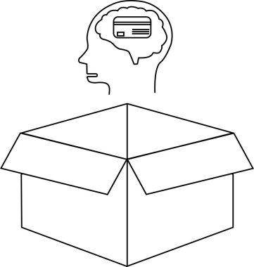 Açık bir kutunun üstünde kredi kartı olan bir kafa çizimi, kutunun dışındaki finansal düşünceyi gösteriyor..