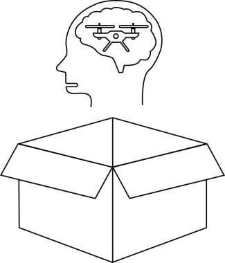İnsan kafasının içindeki dronu tasvir eden kavramsal bir illüstrasyon aşağıda açık bir kutuyla insansız hava aracı teknolojisini sembolize ediyor, kutunun dışındaki düşünceyi temsil ediyor..