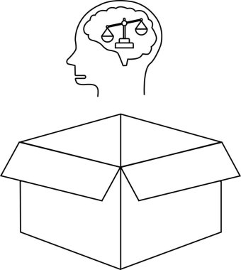 Kavramsal bir illüstrasyon, içinde bir ölçek olan bir kafayı, açık bir kutunun üstünde, kutunun dışını ve dengeyi temsil eden bir düşünceyi gösteriyor..