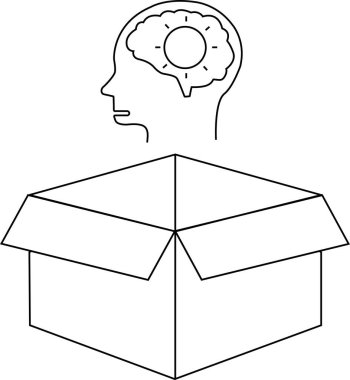 Kutunun dışında düşünme fikrini tasvir eden kavramsal bir illüstrasyon, açık bir kutunun üzerinde bir beyin barındırıyor..