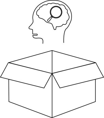 Kutunun dışında düşünme fikrini tasvir eden kavramsal bir illüstrasyon, kafasının içinde büyüteç olan bir beynin açık bir kutunun üzerinde olması..