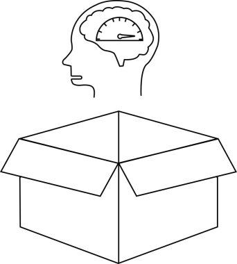 Kutunun dışındaki düşünceyi tasvir eden kavramsal bir illüstrasyon, açık bir kutunun üzerinde bir beyin sayacı olan bir kafa..