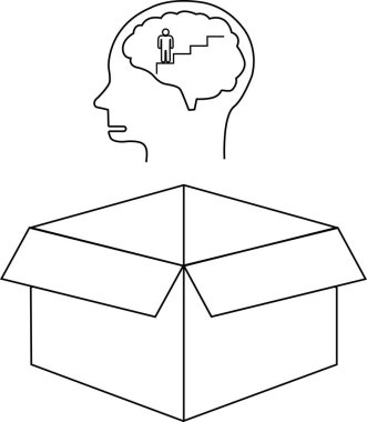 Beynin içinde merdiven olan bir kafa ve açık bir kutunun üzerinde tırmanan bir insan gösteren kavramsal bir çizim, kutunun dışındaki düşünceyi temsil ediyor..