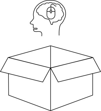 Bir çizgi, içinde bilgisayar faresi olan bir kafayı, açık bir kutunun üstünde tasvir eder, kutunun dışındaki düşünceyi sembolize eder..