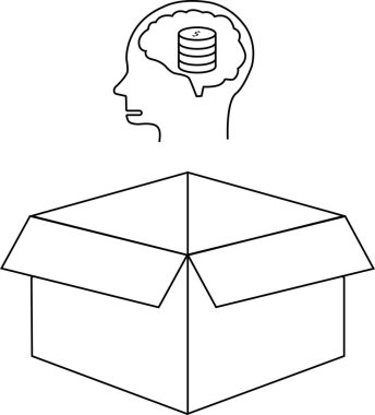 Bir çizgi, içinde veri olan bir kafayı, açık bir kutunun üstünde tasvir eder. Kutunun dışındaki düşünceyi veri ile sembolize eder..