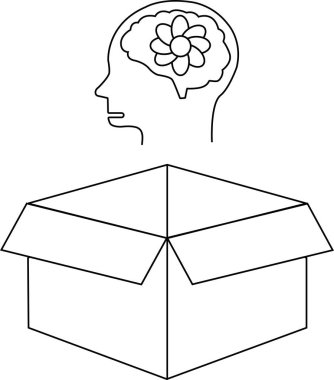 Bir çizgi, açık bir kutunun üzerinde beynin içinde bir çiçeğin olduğu bir kafa tasvir eder, kutunun dışındaki düşünceyi temsil eder..