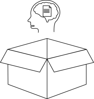 Kutunun dışında düşünme fikrini tasvir eden kavramsal bir illüstrasyon, kafanın içinde açık bir kutunun üzerinde bir belge simgesi var..