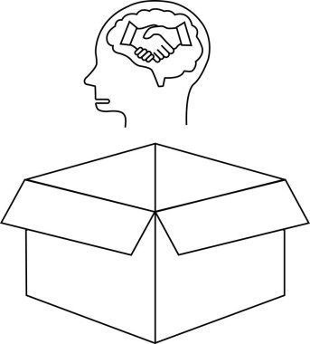 Kavramsal bir illüstrasyon, içinde bir tokalaşma olan bir kafayı, açık bir kutunun üstünde, kutunun dışında düşünmeyi temsil eden.