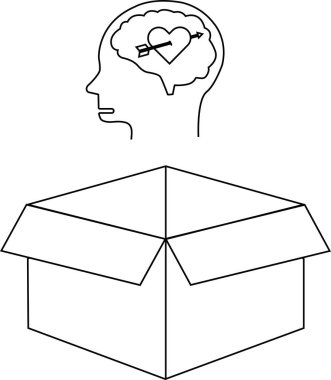 Açık bir kutunun üstündeki okla delinmiş kalbi olan bir kafayı gösteren kavramsal bir çizim, kutunun dışındaki düşünceyi sevgiyle temsil ediyor..